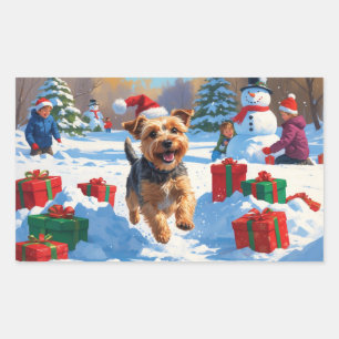 Sticker Rectangulaire Skye Terrier courant dans la neige avec un chapeau