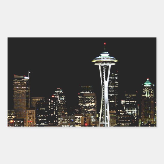 Sticker Rectangulaire Skyline Seattle la nuit, avec Space Needle. (Devant)