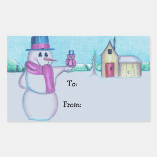 Sticker Rectangulaire Snowman avec dessin d'art populaire aux oiseaux ro