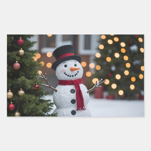 Sticker Rectangulaire Snowman Avec Les Arbres De Noël En Hiver (Devant)