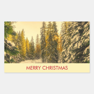 Sticker Rectangulaire Snowy Winter Path with Pine Trees Noël
