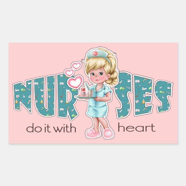 Sticker Rectangulaire Soins infirmiers avec coeur. Cute Blond Nurse (Devant)