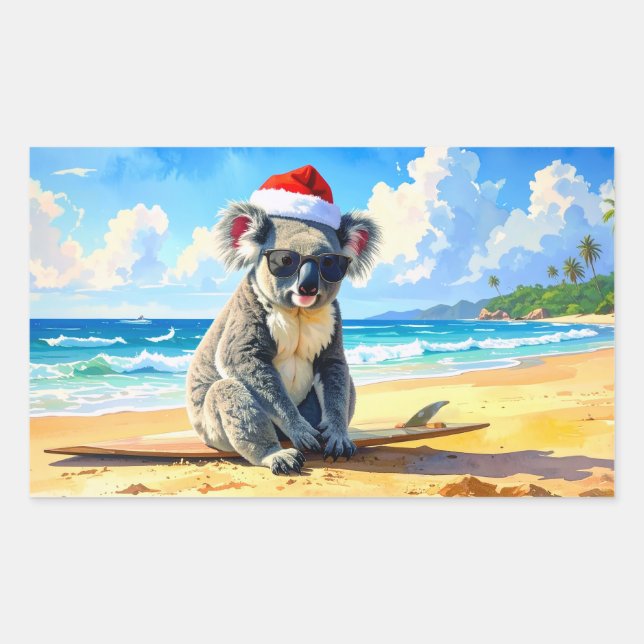 Sticker Rectangulaire Soleil et Surf Koala Santa Hat An Aussie Christmas (Devant)