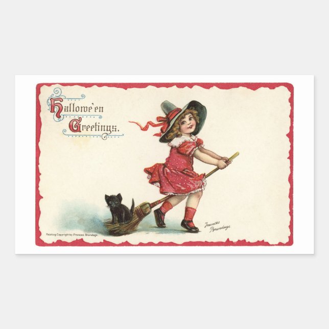 Sticker Rectangulaire Sorcière Vintage Petite Fille (Devant)