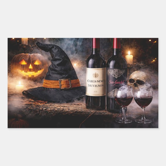 Sticker Rectangulaire Sorcières d'Halloween et vin Halloween (Devant)
