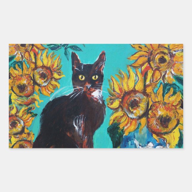 STICKER RECTANGULAIRE SOUCHES AVEC CHAT NOIR EN TURQUOISE BLEUE (Devant)