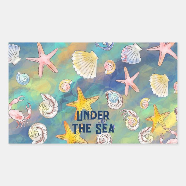 Sticker Rectangulaire Sous la mer Starfish Shell Crab Aqua Blue (Devant)