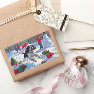 Sticker Rectangulaire Springer Spaniel coule la neige avec le Casquette 