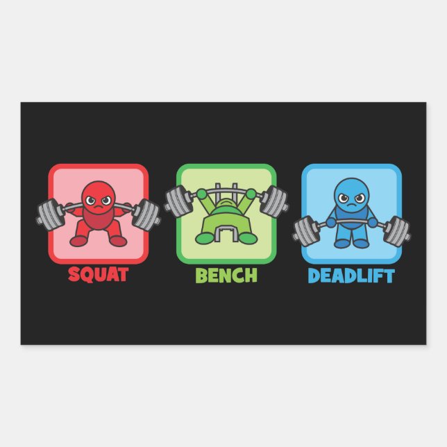 Sticker Rectangulaire Squat, Banch Press, Deadlifter - Kawaii Powerlifte (Devant)