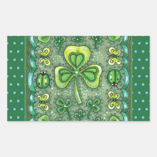 STICKER RECTANGULAIRE ST. PATRICK'S DAY FOLK ART SHAMROCKS N'LADYBUGS