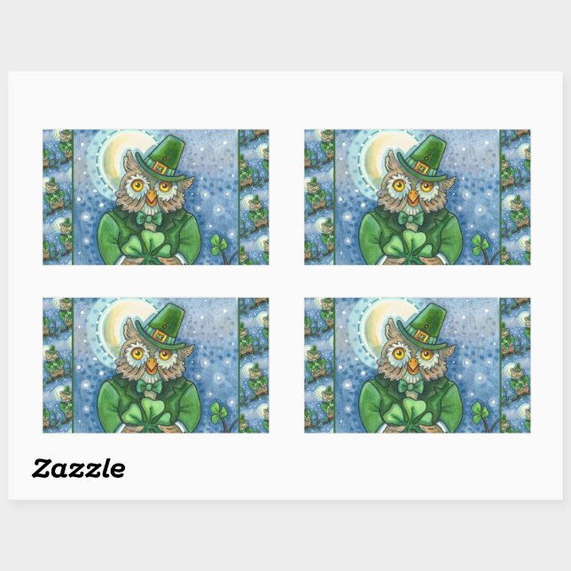 STICKER RECTANGULAIRE ST. PATRICK'S DAY OWL, 4 HORLOGE LEPRECHAUN (Feuille)