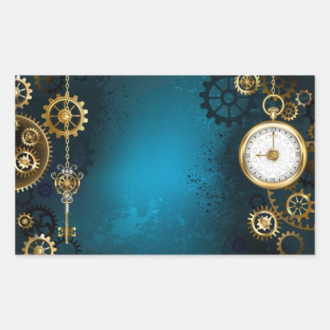 Sticker Rectangulaire Steampunk Arrière - plan turquoise avec Gears (Devant)