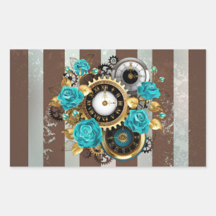 Sticker Rectangulaire Steampunk Clock and Turquoise Roses on Striped