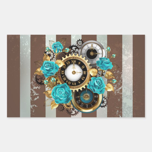 Sticker Rectangulaire Steampunk Clock and Turquoise Roses on Striped (Devant)