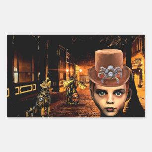 Sticker Rectangulaire Steampunk Garçon Et Robot Chien