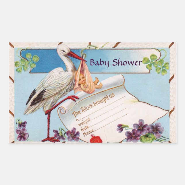 STICKER RECTANGULAIRE STORK BÉBÉ FILLE DOUCHE 2 (Devant)