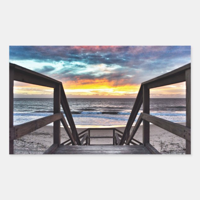 Sticker Rectangulaire Sunset Beach Vue de Rustic Wood Deck (Devant)