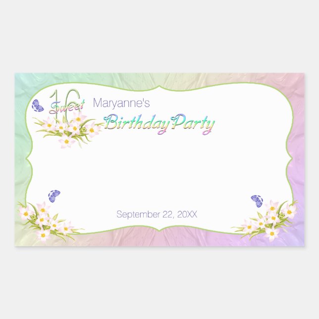 Sticker Rectangulaire Sweet 16 Rainbow et papillons fête d'anniversaire (Devant)