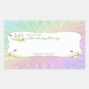 Sticker Rectangulaire Sweet 16 Rainbow et papillons fête d'anniversaire