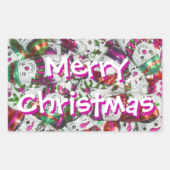 Sticker Rectangulaire Sweet Snowmen rose Joyeux rectangle de Noël (Devant)