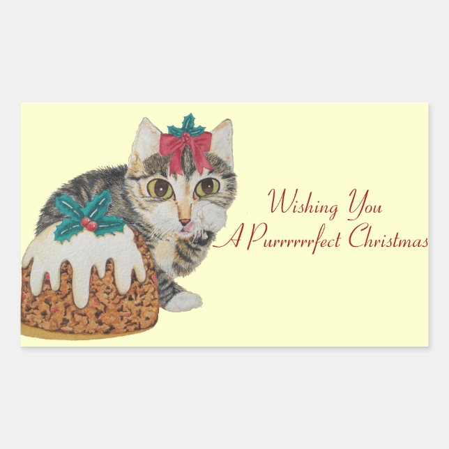 Sticker Rectangulaire tabby gris chaton mignon lécher patte noël (Devant)