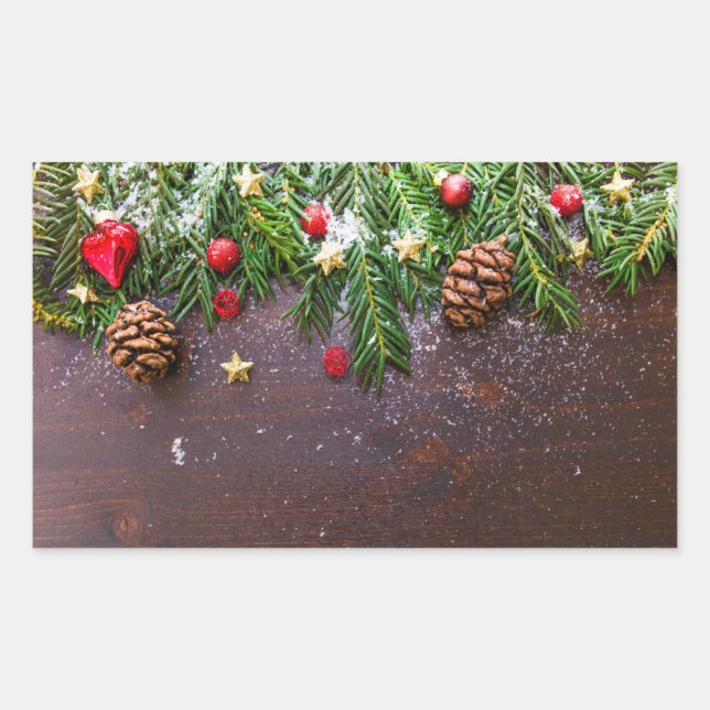 Sticker Rectangulaire Table de Noël rustique avec pin et neige (Devant)