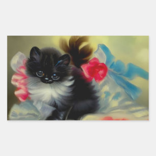 Sticker Rectangulaire Tableau vintage de chaton noir et blanc