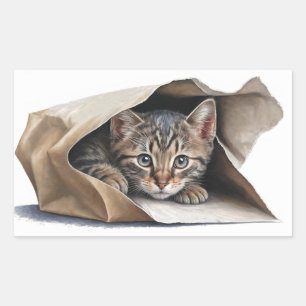 Sticker Rectangulaire Tablette Chat dans sac en papier