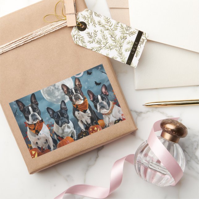 Sticker Rectangulaire terrier de Boston Halloween effrayant (Cadeaux)