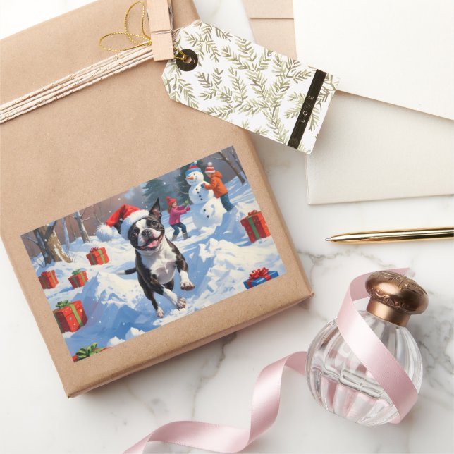 Sticker Rectangulaire Terrier de Boston Scène de neige festive de Noël (Cadeaux)