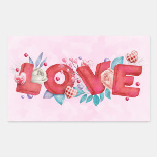 Sticker Rectangulaire Texte d'amour rouge dans l'aquarelle de police de 