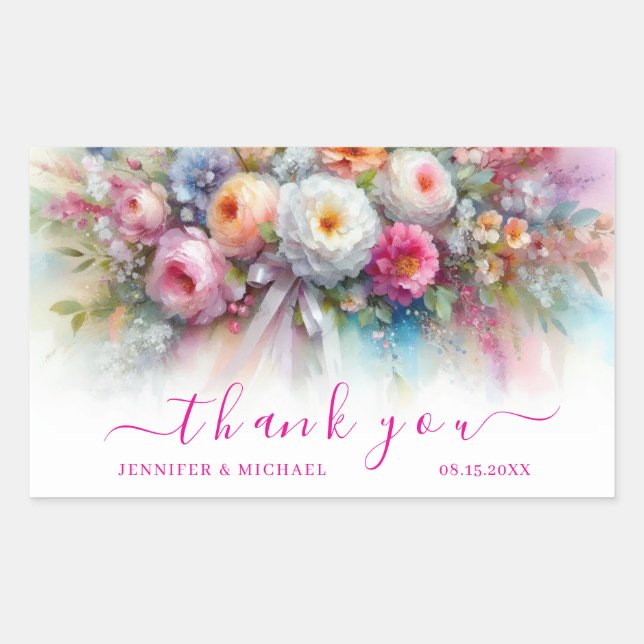 Sticker Rectangulaire Thank You Your Custom Text Aquarell Flowers Art (Devant)