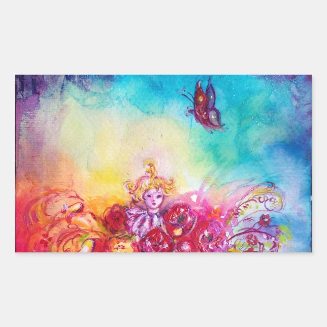 STICKER RECTANGULAIRE THUMBELINA, PANIER À FLEURS ET BOUTEILLE (Devant)