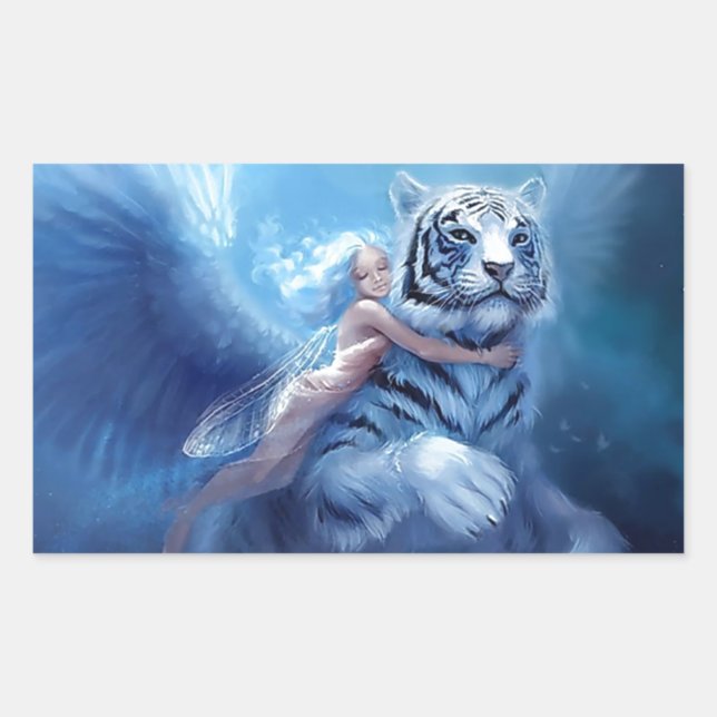 Sticker Rectangulaire Tigre blanc volant avec l'ange (Devant)