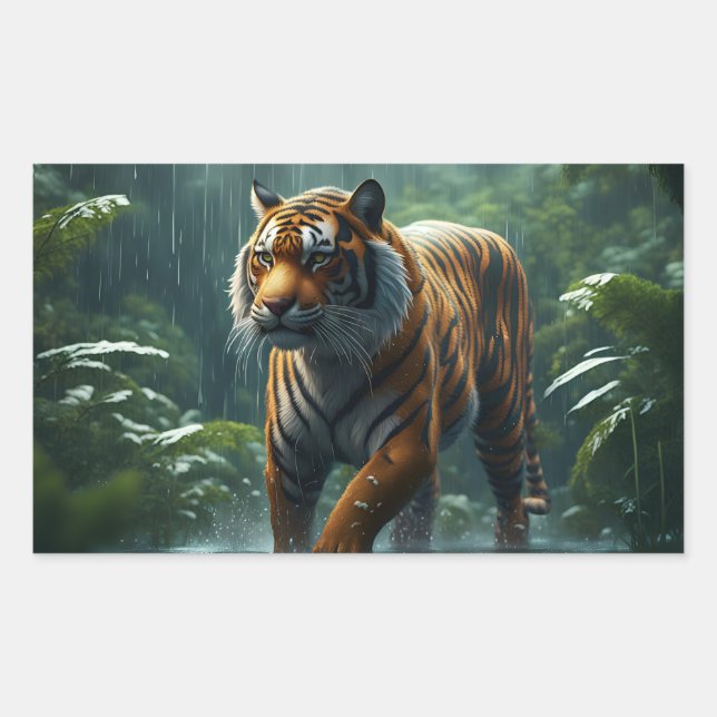 Sticker Rectangulaire Tigre dans une jungle pluvieuse (Devant)
