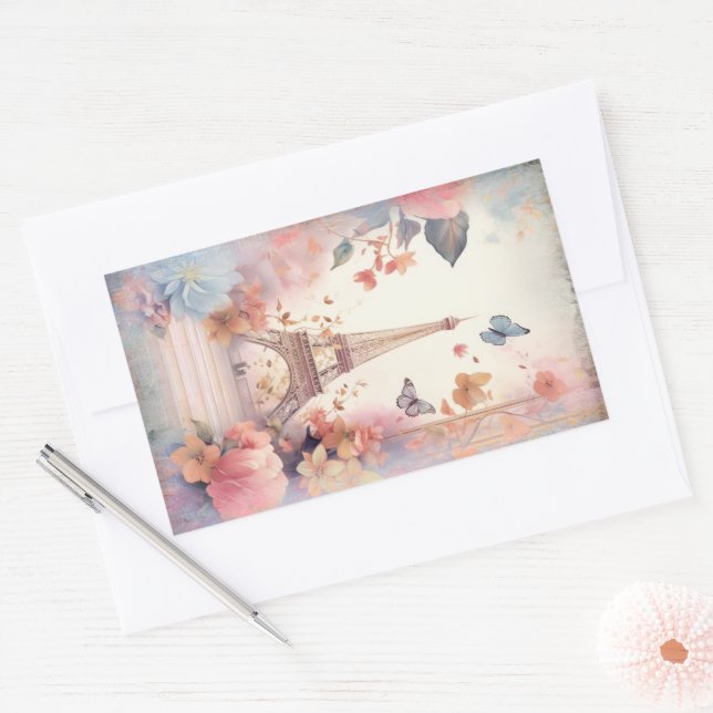 Sticker Rectangulaire Tour Eiffel Papillons et Fleurs (Enveloppe)
