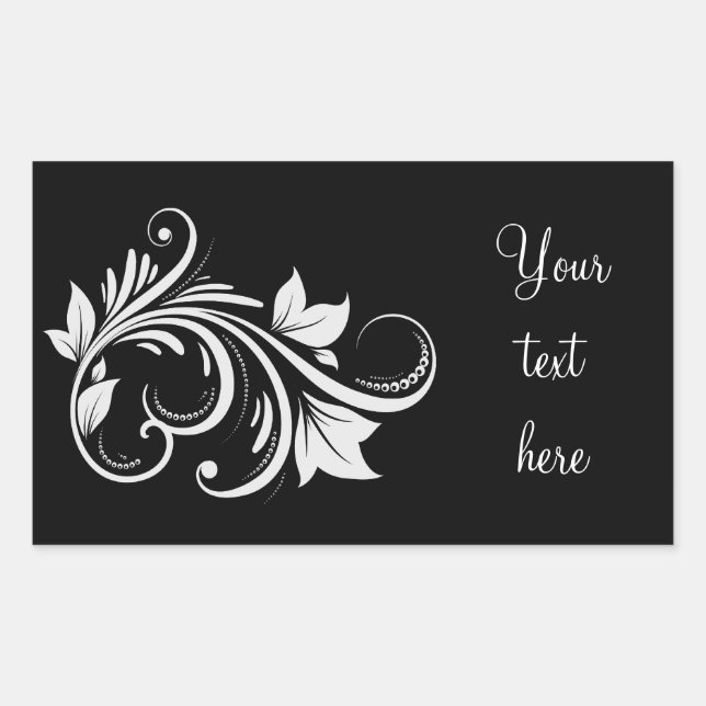 Sticker Rectangulaire Tourbillons blancs, feuilles sur noir (Devant)