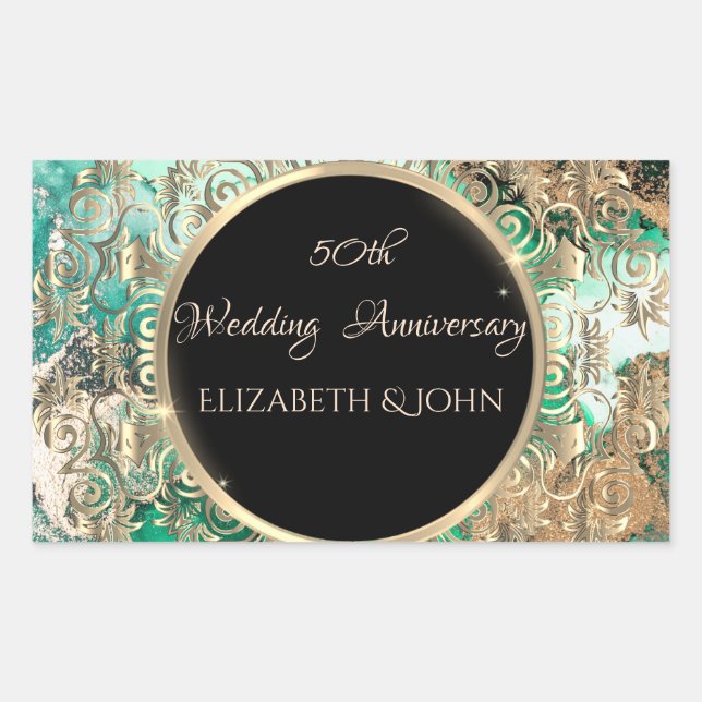 Sticker Rectangulaire Tourbillons dorés élégants Anniversaire Marbre ver (Devant)