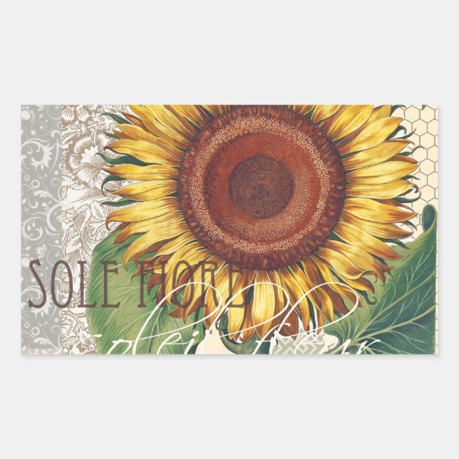Sticker Rectangulaire Tournesol Vintage Damas Fleur Art (Devant)
