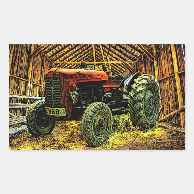 Sticker Rectangulaire Tracteur rouge antique Grange rustique (Devant)