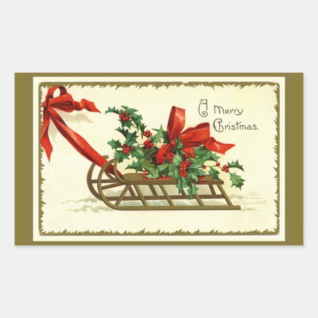 Sticker Rectangulaire Traîneau de Noël doré vintage (Devant)