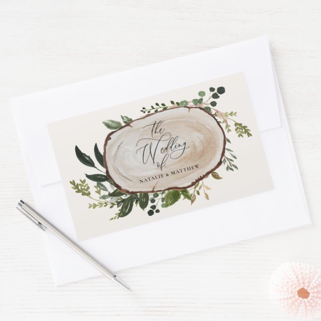 Sticker Rectangulaire Tranche de bois rustique verdure botanique mariage (Enveloppe)