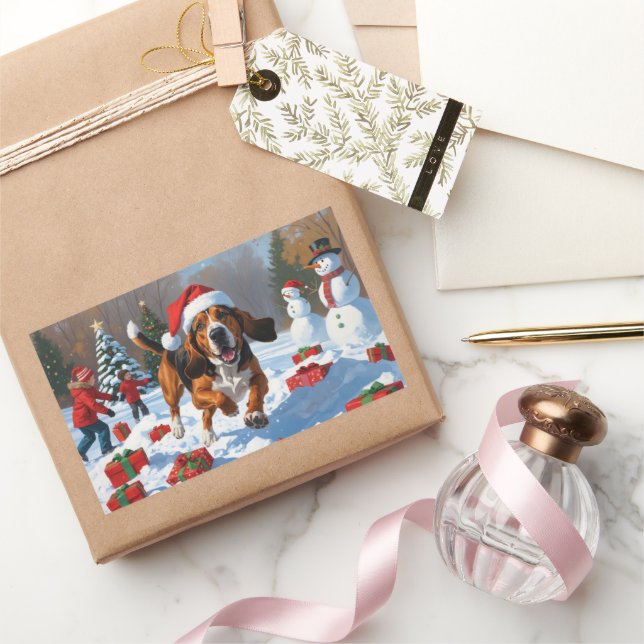 Sticker Rectangulaire Treeing Walker Coonhound neige avec chapeau de Noë (Cadeaux)