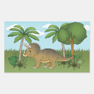 Sticker Rectangulaire Tricératops de Dinosaure Palmier Tropical
