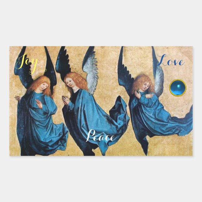 Sticker Rectangulaire TROIS ANGES EN BLEU / Joy Peace Love (Devant)