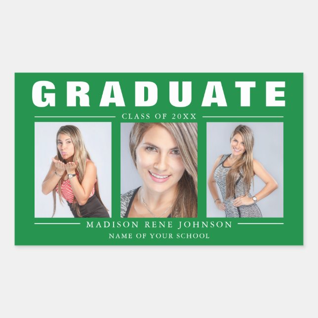 Sticker Rectangulaire Trois photo Collage de graduation Vert Blanc (Devant)