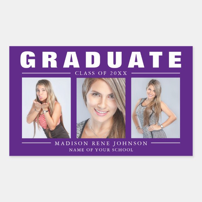 Sticker Rectangulaire Trois photo collage de graduation violet (Devant)