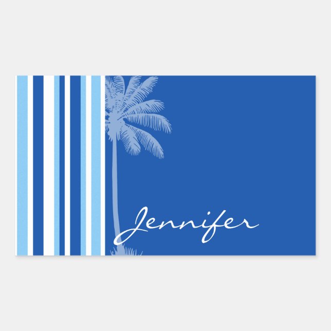 Sticker Rectangulaire Tropical Palm; Blue & White Stripes (Devant)