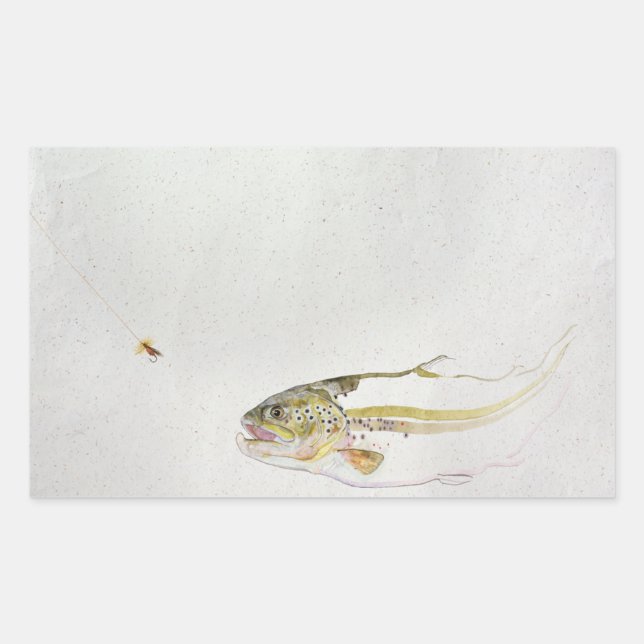 Sticker Rectangulaire Truites pourchassant la mouche d'un pêcheur (Devant)