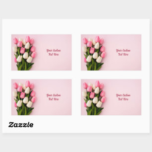 Sticker Rectangulaire Tulipes de texte personnalisé sur fond rose